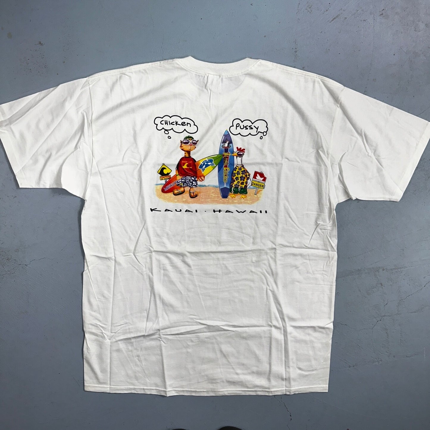 Kaui Hawaii Funny Chicken Cat VTG T Shirt Y2K 2XL Rap Music Quote Hilarious Joke