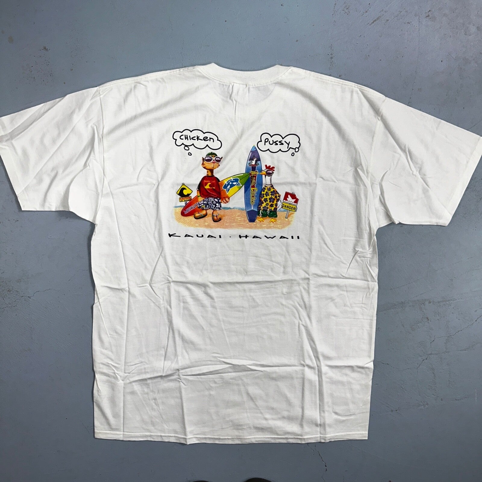 Kaui Hawaii Funny Chicken Cat VTG T Shirt Y2K 2XL Rap Music Quote Hilarious Joke