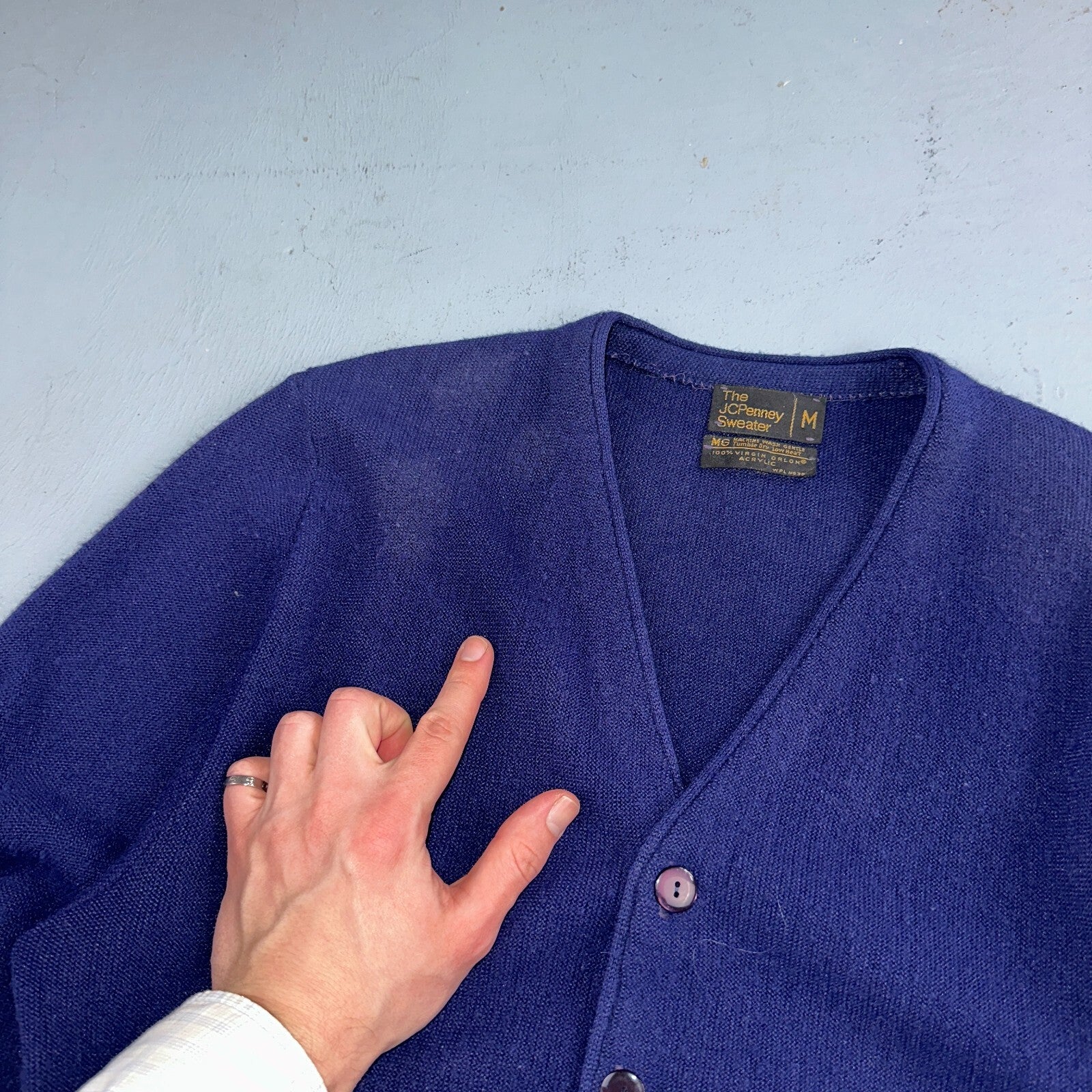 Vintage 80s JCPenney Acrylic Cardigan Sweater Men’s Size M Blue Penneys 1980s