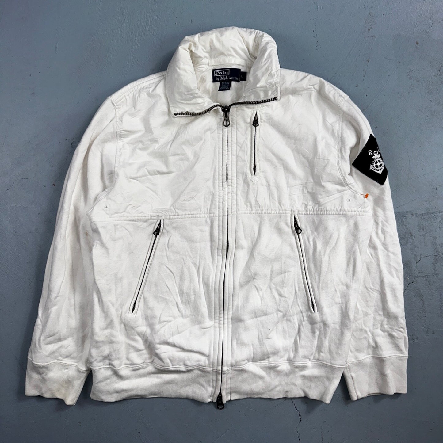 Polo Ralph Lauren VTG 90s Men's L White Blue RL Logo Jacket Coat Yacht Hooded