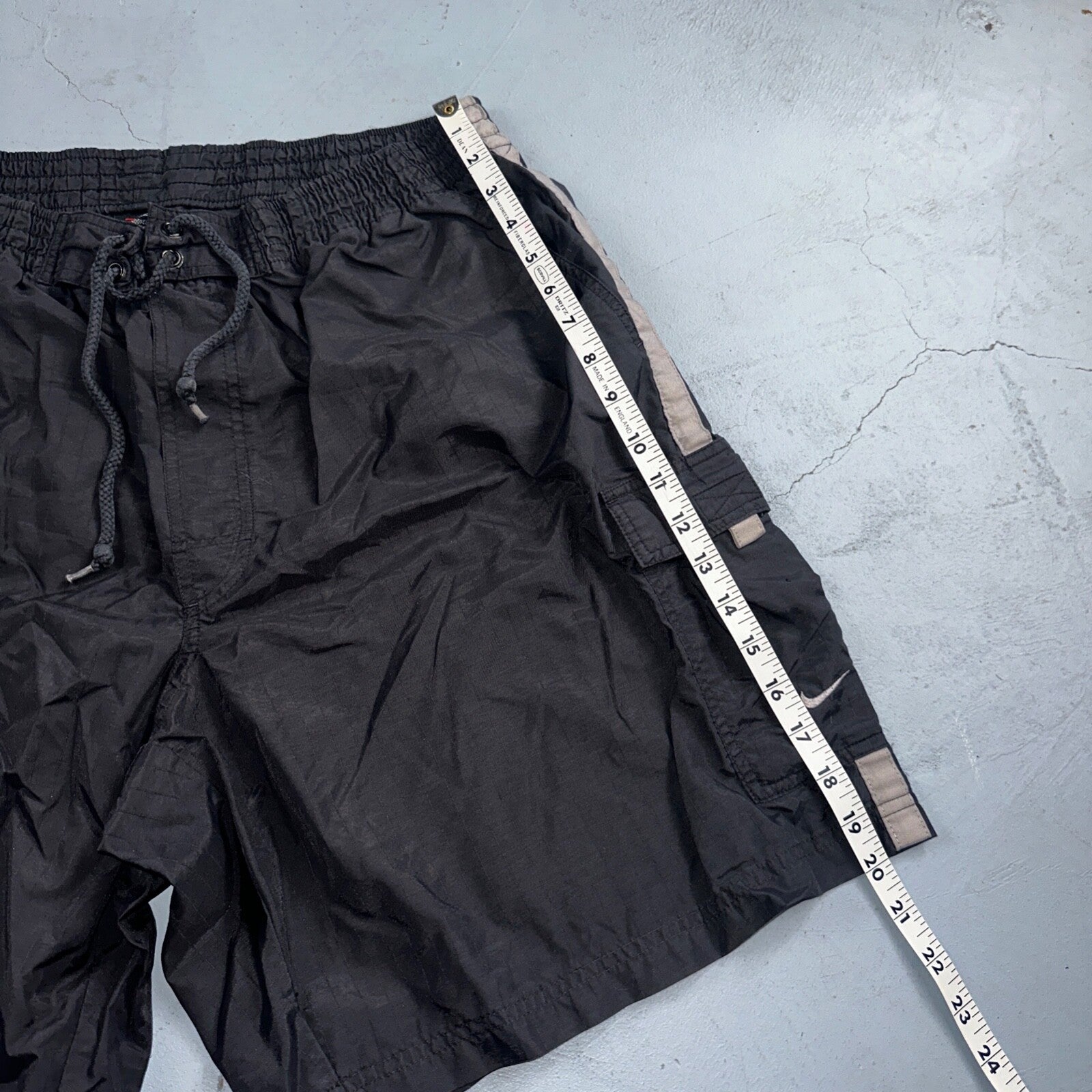 Nike Vintage Black Nylon Shorts Swoosh XL 90s Black Tag 9” Inseam Running Track