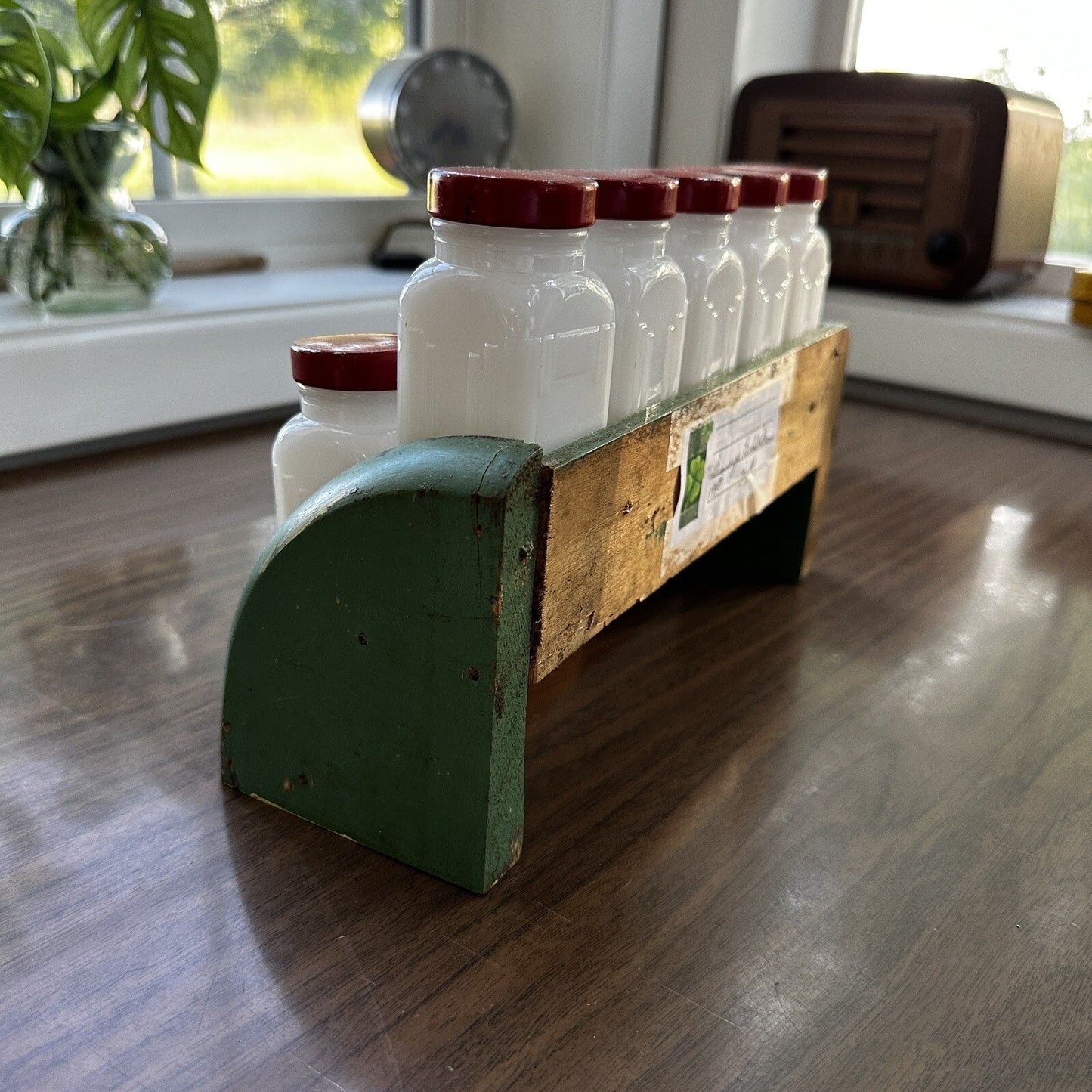 Griffith Milk Glass Spice Jar Set with Wooden Rack USA 1930s Art Deco 12 Pc