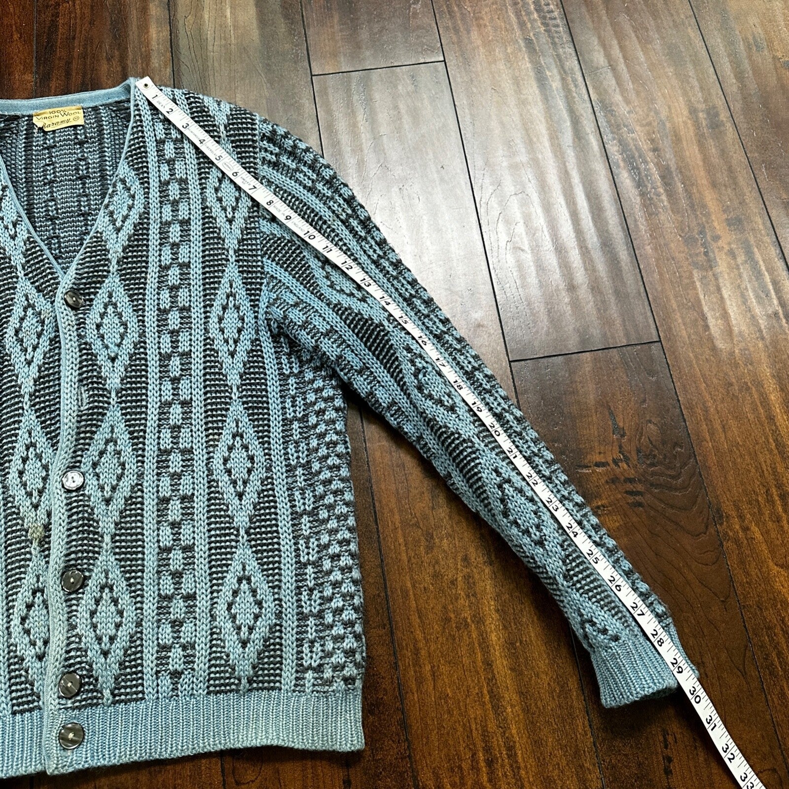 VTG RARE Caramy Cardigan Mens M Blue 1970s Corduroy Wool Button Up Aztec