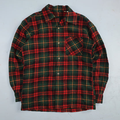 VTG 60s Wool Button Down Shirt Loop Wool Plaid Flannel Shirt 50s Red Rockabilly