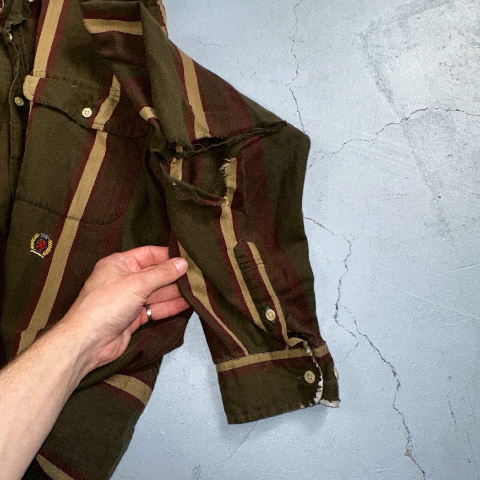 Tommy Hilfiger Mens Striped Shirt Vintage 90s Crest & Long Sleeves XL Has Holes