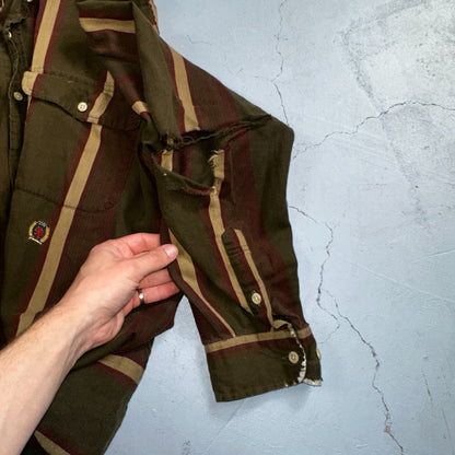 Tommy Hilfiger Mens Striped Shirt Vintage 90s Crest & Long Sleeves XL Has Holes