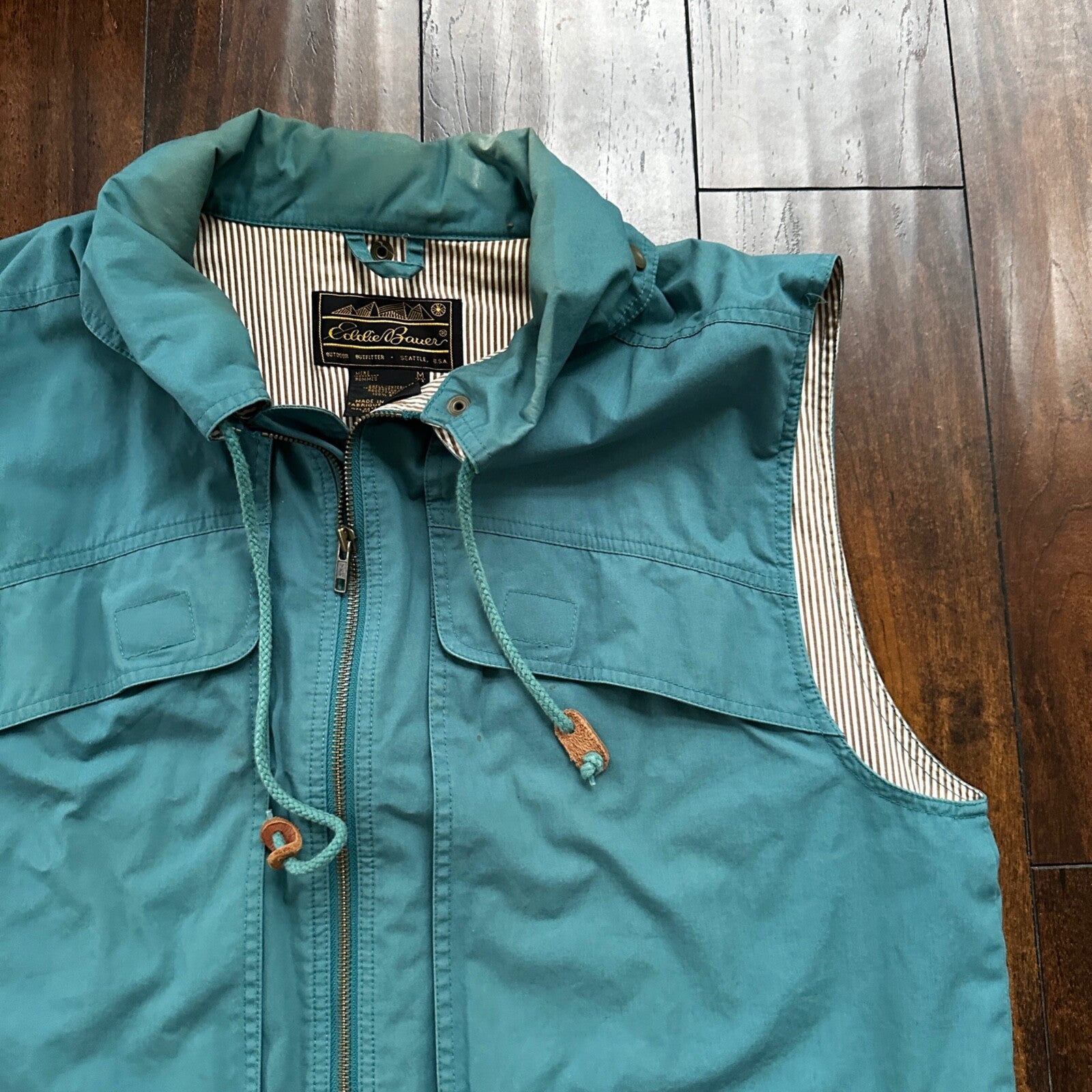 VTG Eddie Bauer Vest Mens M Green Blue Canvas Unlined Basic Cool Safari