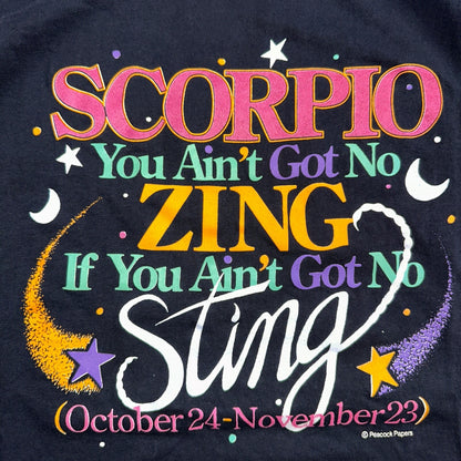Scorpio Zing Sting Funny Text VTG T Shirt Moons Stars Signs Humor Joke Cute