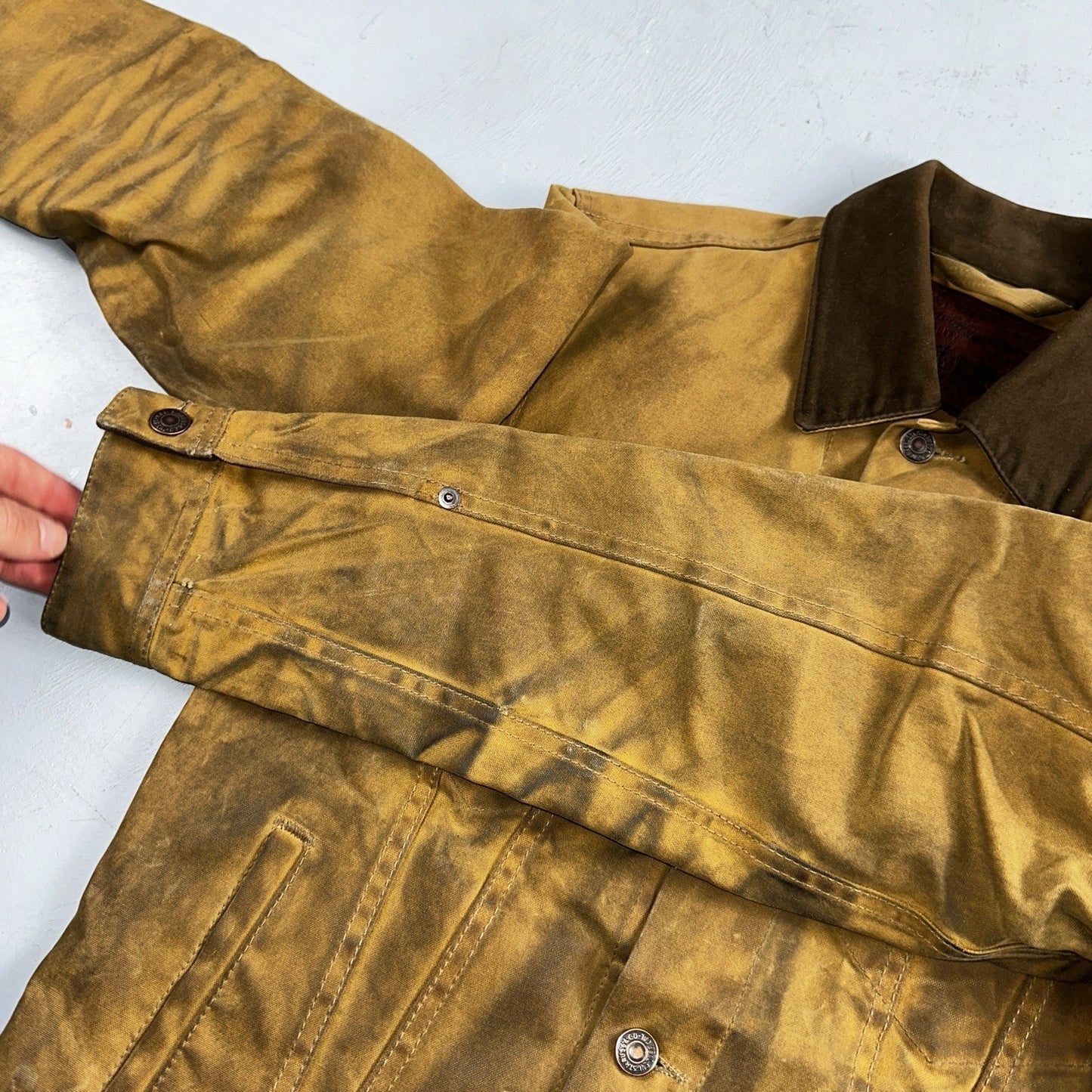 Filson x Levis Tin Cloth Trucker Jacket Men’s Small Tan Made In USA VTG Oil