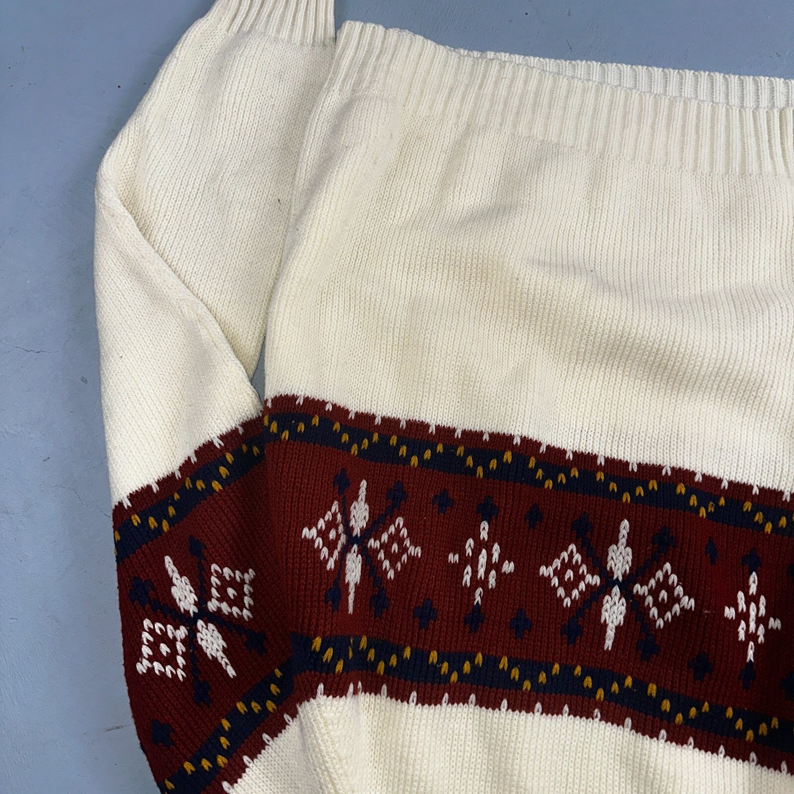 VTG 70s JC Penney Retro Mens Large Nordic Snowflake Ski Sweater White Holiday