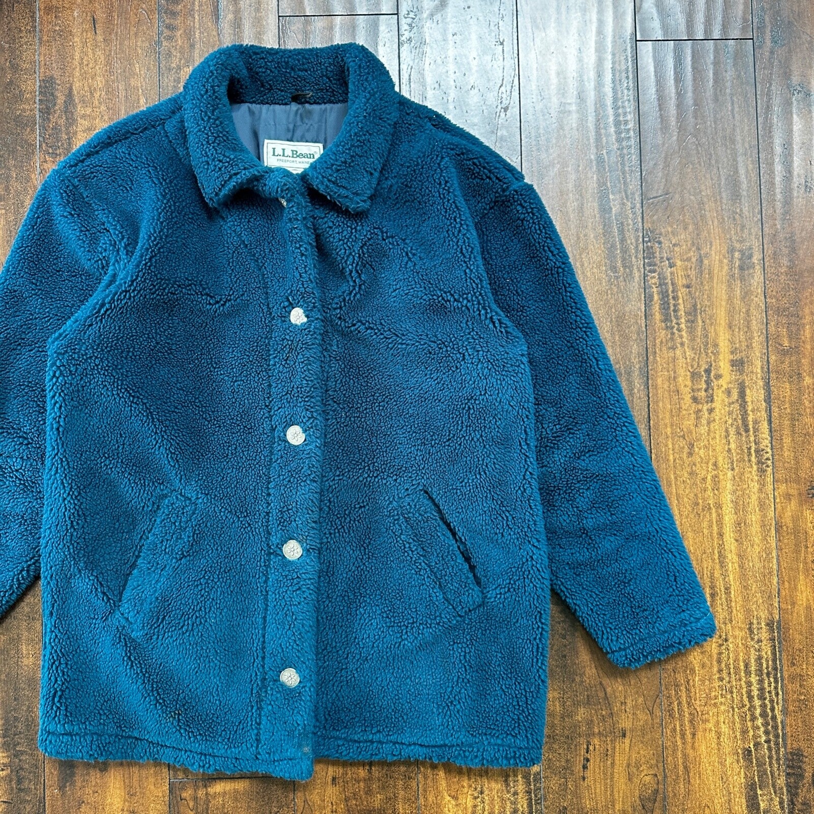 Vintage LL Bean Made In USA Womens Button Up Fuzzy Fleece Blue Jacket Med