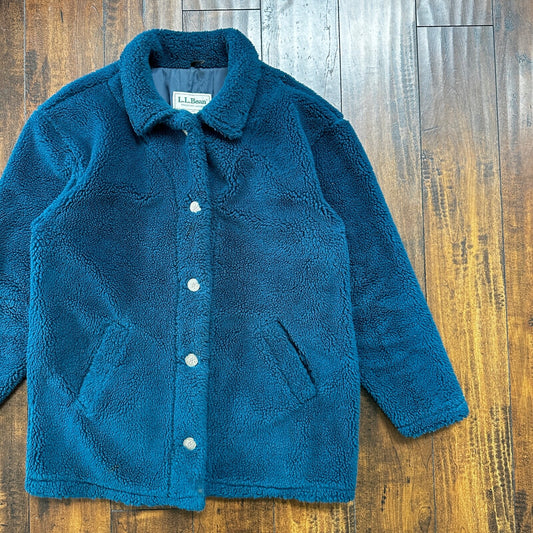 Vintage LL Bean Made In USA Womens Button Up Fuzzy Fleece Blue Jacket Med