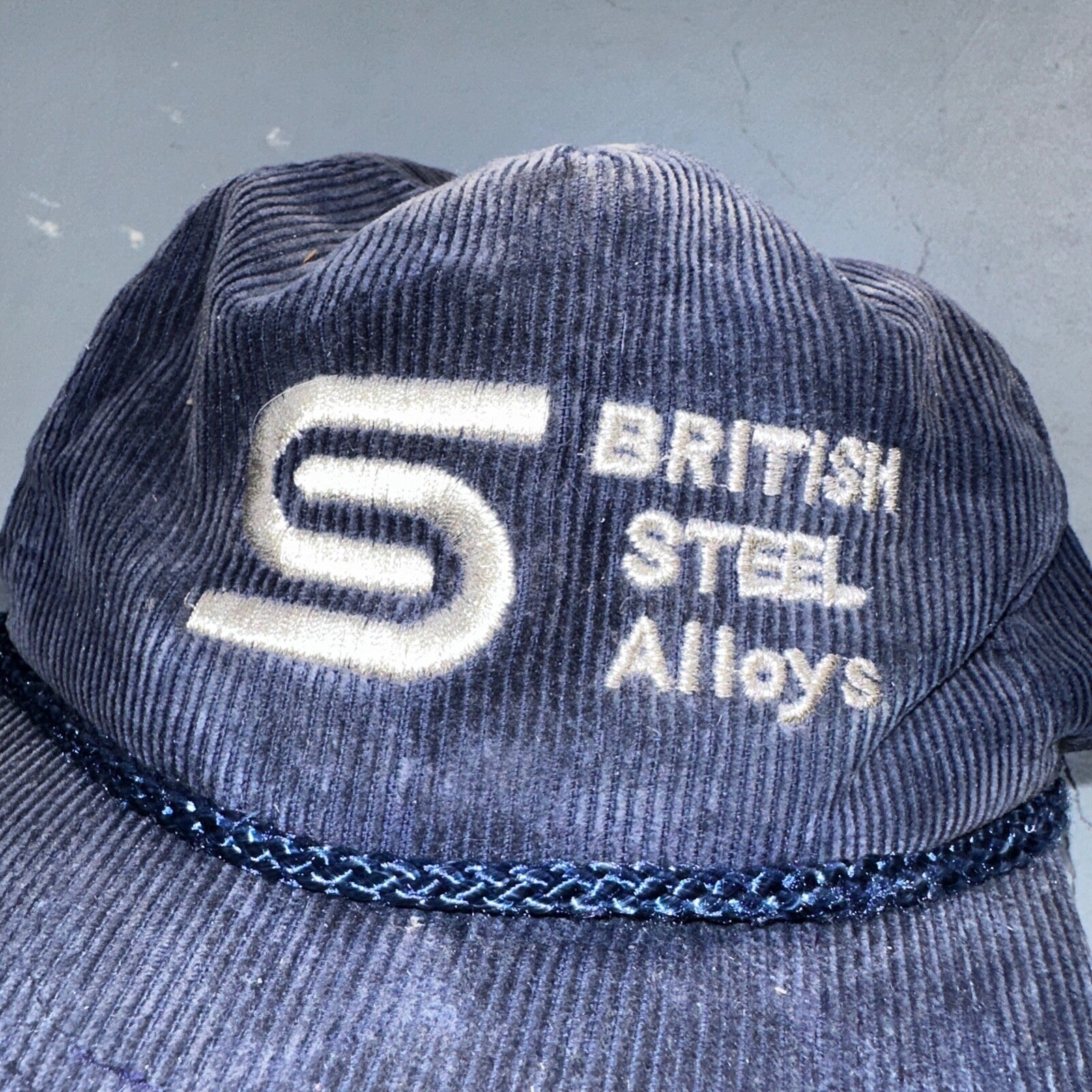 British Steel Alloys VTG Hat Cap Snapback Corduroy Blue 80s Rare Used