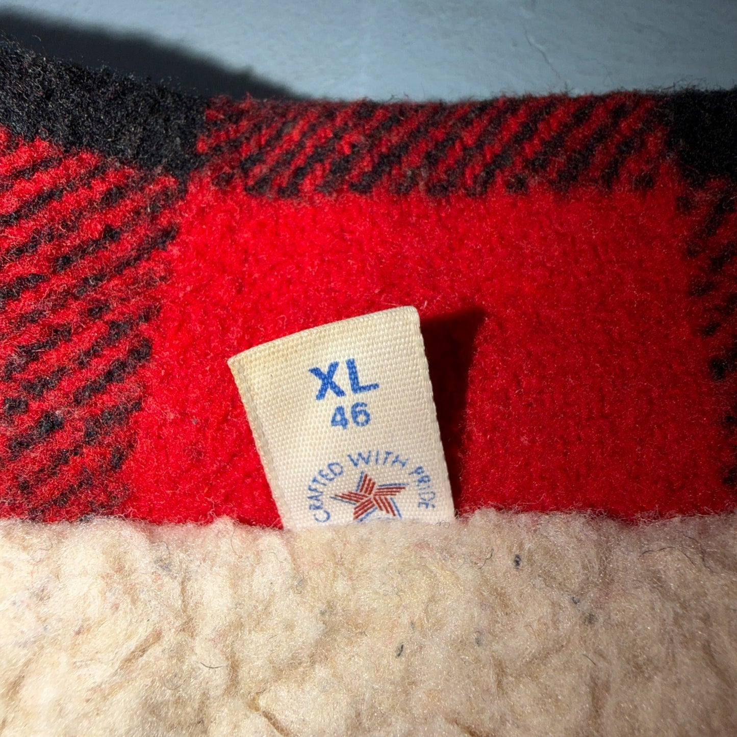 Vtg 80s CAL CRAFT USA Men’s L Red Black Buffalo Plaid Wool Sherpa Hunting Jacket