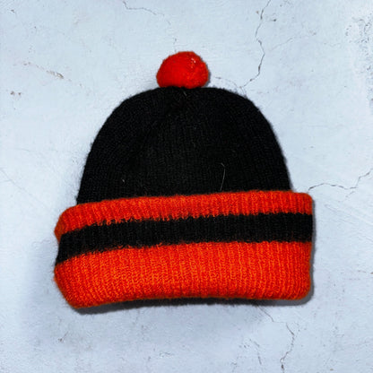 Vintage Wool Toddler Beanie Hat Winter Cap Red Black Stripes Pom Pom 60's