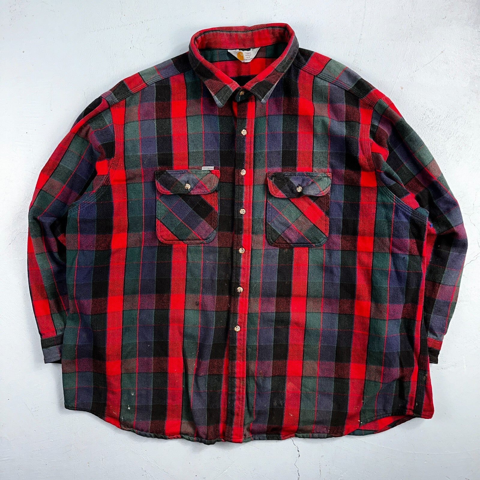 Carhartt Shirt Mens 2XL Red Buffalo Plaid Button Down Long Sleeve Distressed