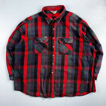 Carhartt Shirt Mens 2XL Red Buffalo Plaid Button Down Long Sleeve Distressed