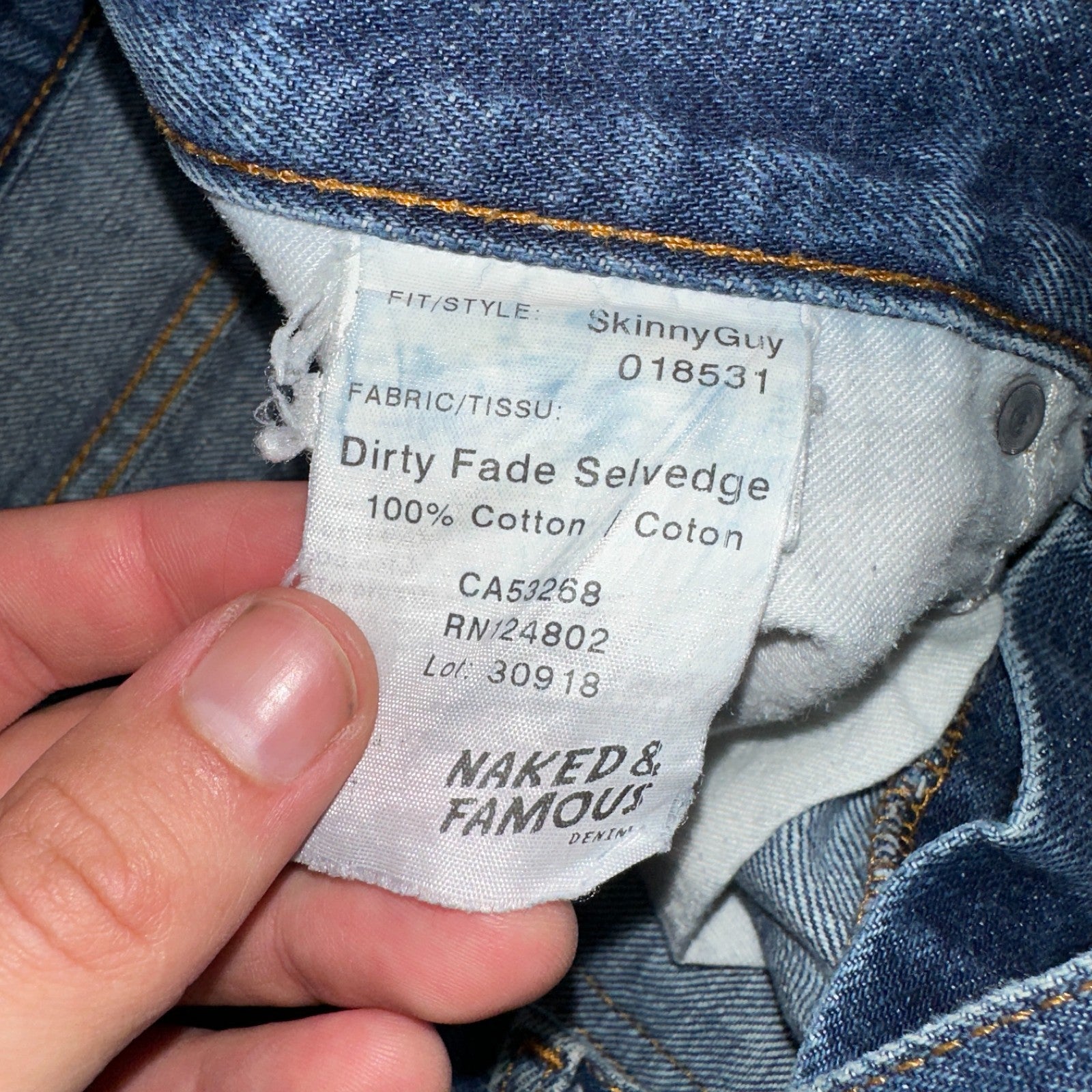 Naked & Famous Jeans Mens 30x36 Blue Dirty Fade Selvedge Denim Skinny Guy