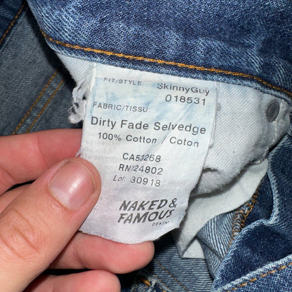 Naked & Famous Jeans Mens 30x36 Blue Dirty Fade Selvedge Denim Skinny Guy