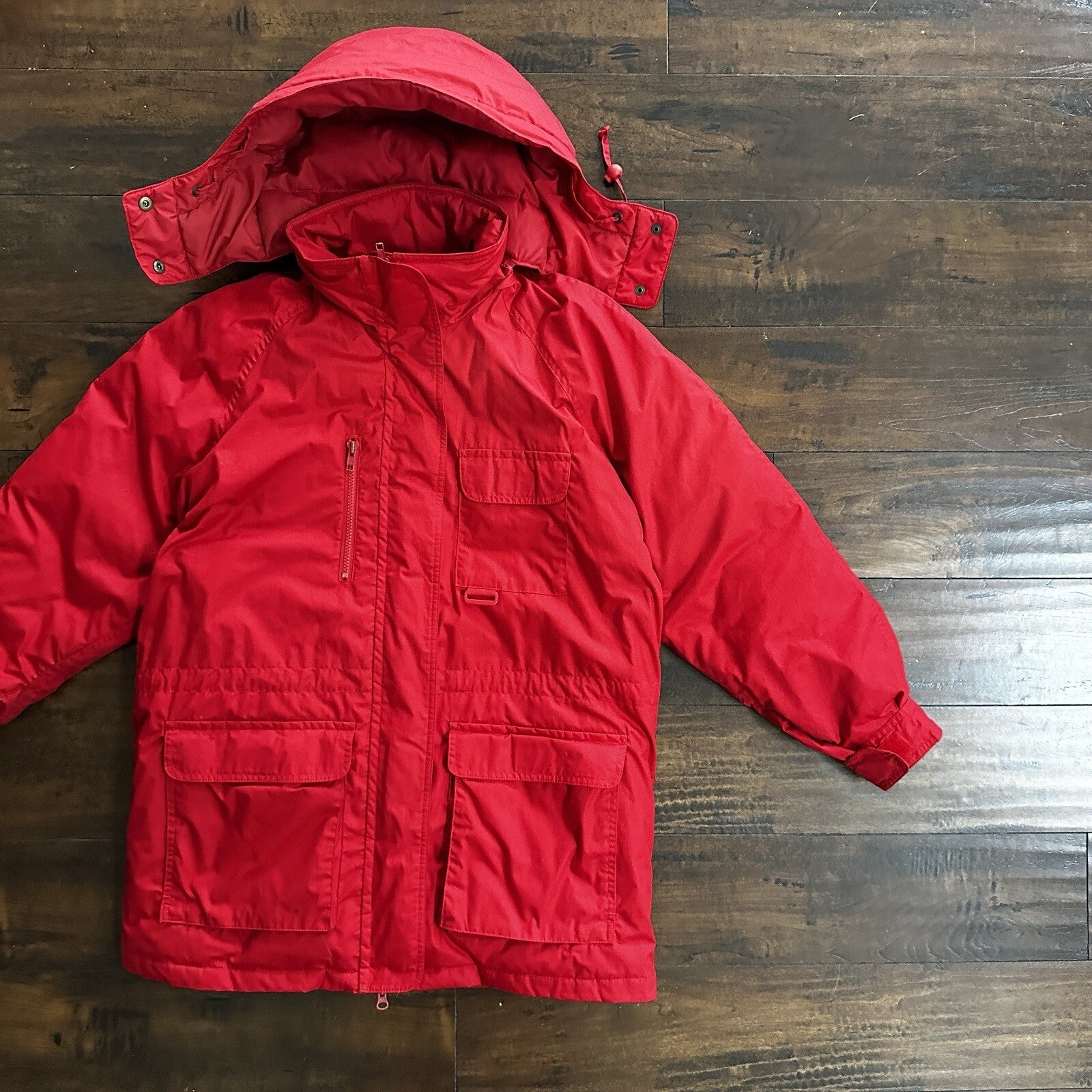 Vtg. Eddie Bauer Goose Down Red Snow Insulated Heavy Hooded Jacket 80s M Korea