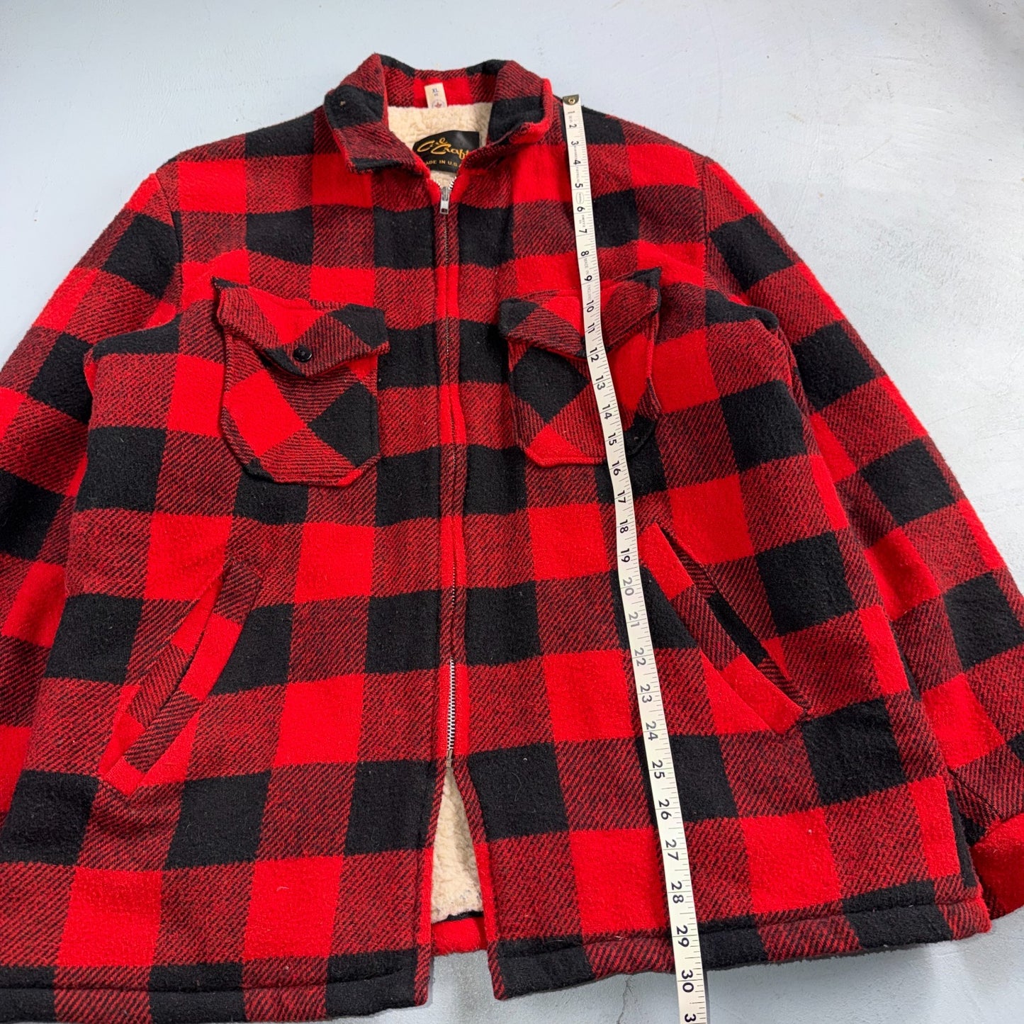 Vtg 80s CAL CRAFT USA Men’s L Red Black Buffalo Plaid Wool Sherpa Hunting Jacket