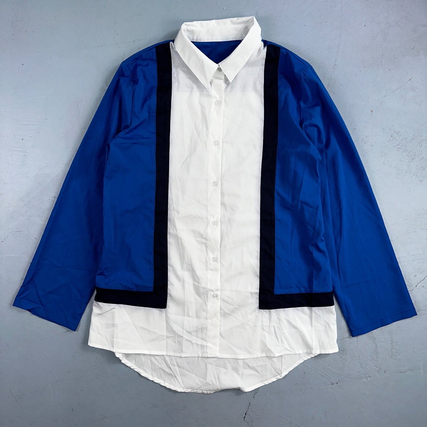 White Blue Long Sleeve Button Up Womens L Vintage 90s China Abstract Striped