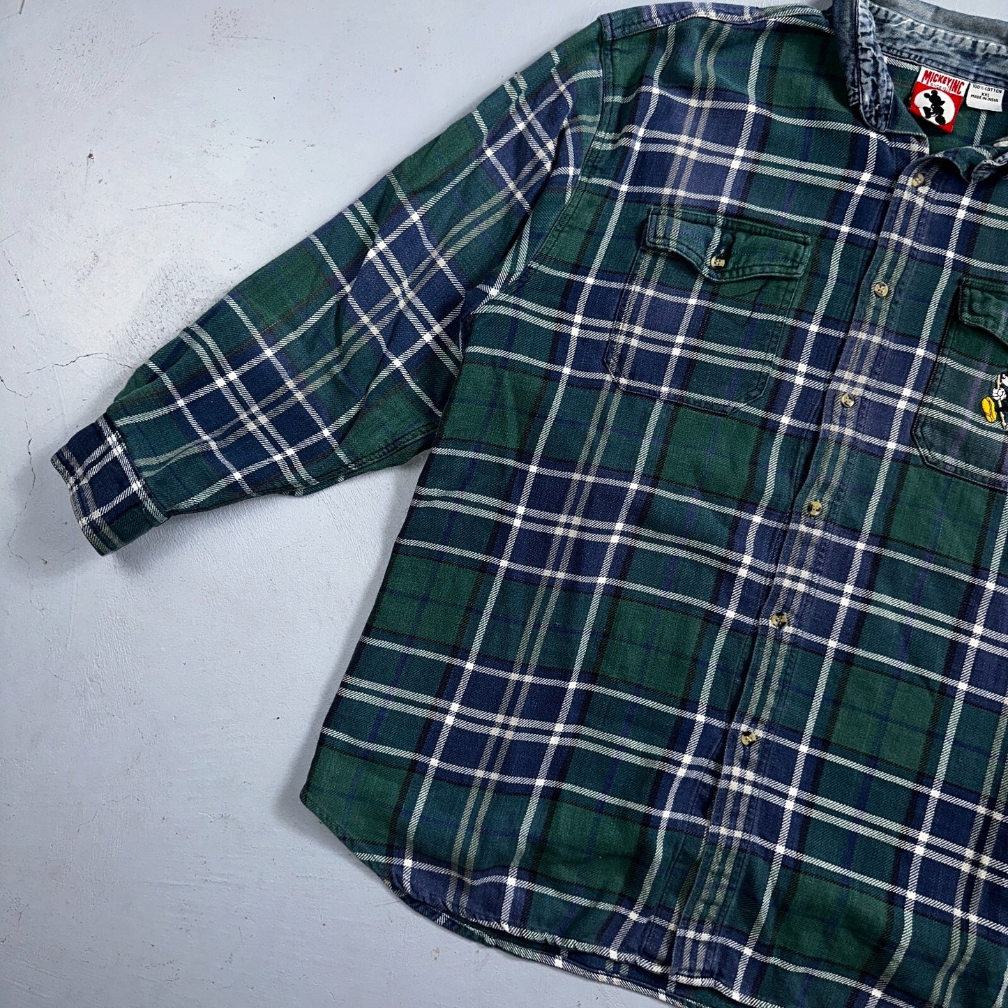 Vintage 90s Disney Mickey 2XL Blue Green Plaid Flannel Shirt Embroidered Pocket