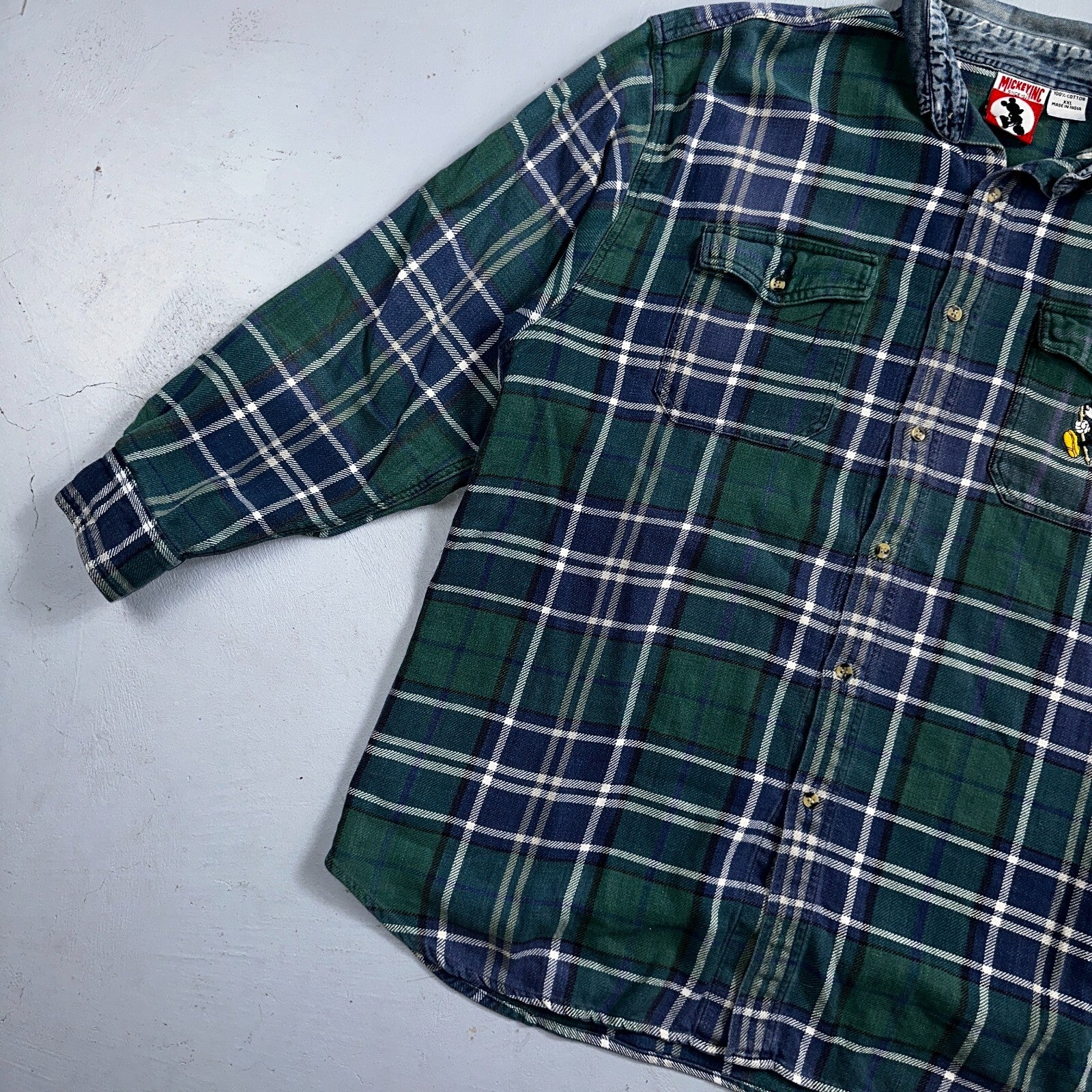 Vintage 90s Disney Mickey 2XL Blue Green Plaid Flannel Shirt Embroidered Pocket