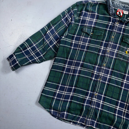 Vintage 90s Disney Mickey 2XL Blue Green Plaid Flannel Shirt Embroidered Pocket