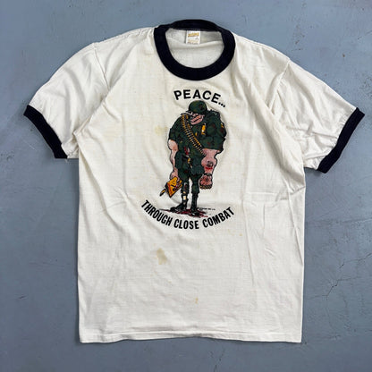 1970s Army Peace Through Combat Soldier VTG T Shirt 70s Playboy Ringer Graphic