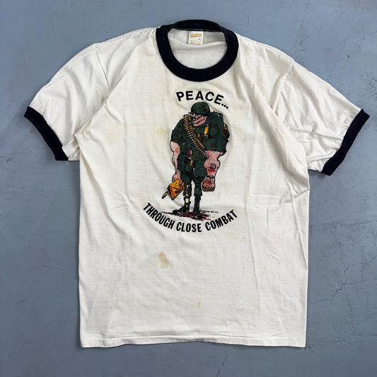 1970s Army Peace Through Combat Soldier VTG T Shirt 70s Playboy Ringer Graphic