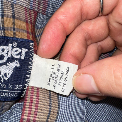 Wrangler VTG Shirt Mens 17.5x35 Plaid Cowboy Cut Pearl Snap Long Tail Rodeo