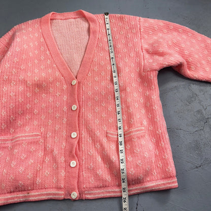Vintage Pink Knit Sweater Cardigan Womens 70s 80s Basic Cozy Essential Winter