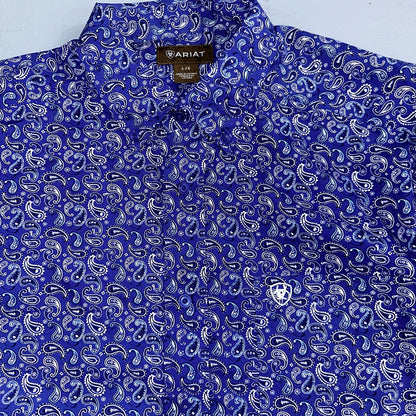 Ariat Button-Down Short Sleeve Shirt Size Large Blue Paisley 100% Cotton Casual