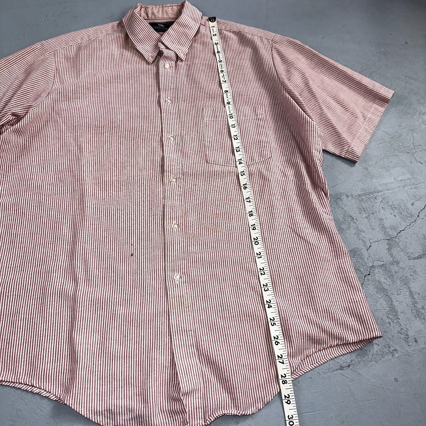 Steeple Chase Button Up Shirt Mens Large Short Sleeve Stripe Made In USA Red