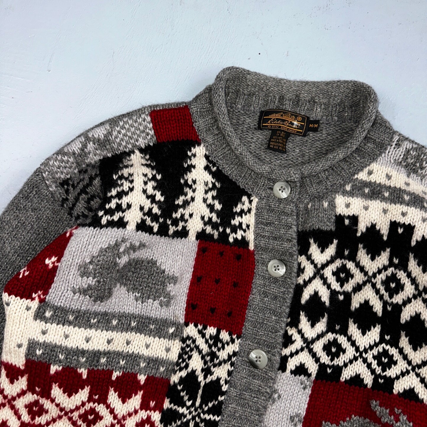 Vintage Eddie Bauer Cardigan Sweater Sz M Gray Snowflake Nordic Patchwork Wool