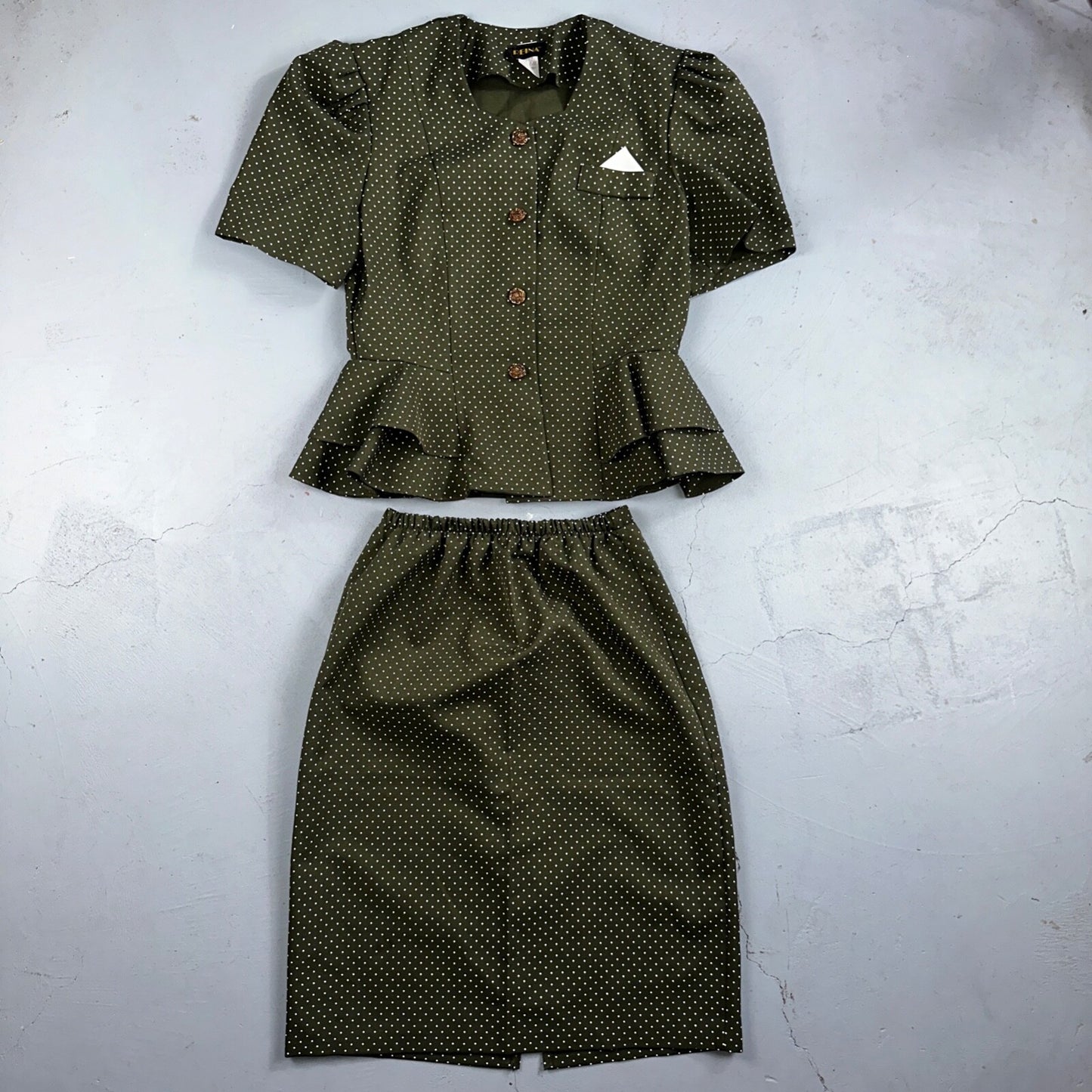 REINA 1970s Women Green Floral Dress Outfit Party Sz 12 VTG 2Pc Set Polka Dot