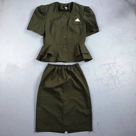 REINA 1970s Women Green Floral Dress Outfit Party Sz 12 VTG 2Pc Set Polka Dot