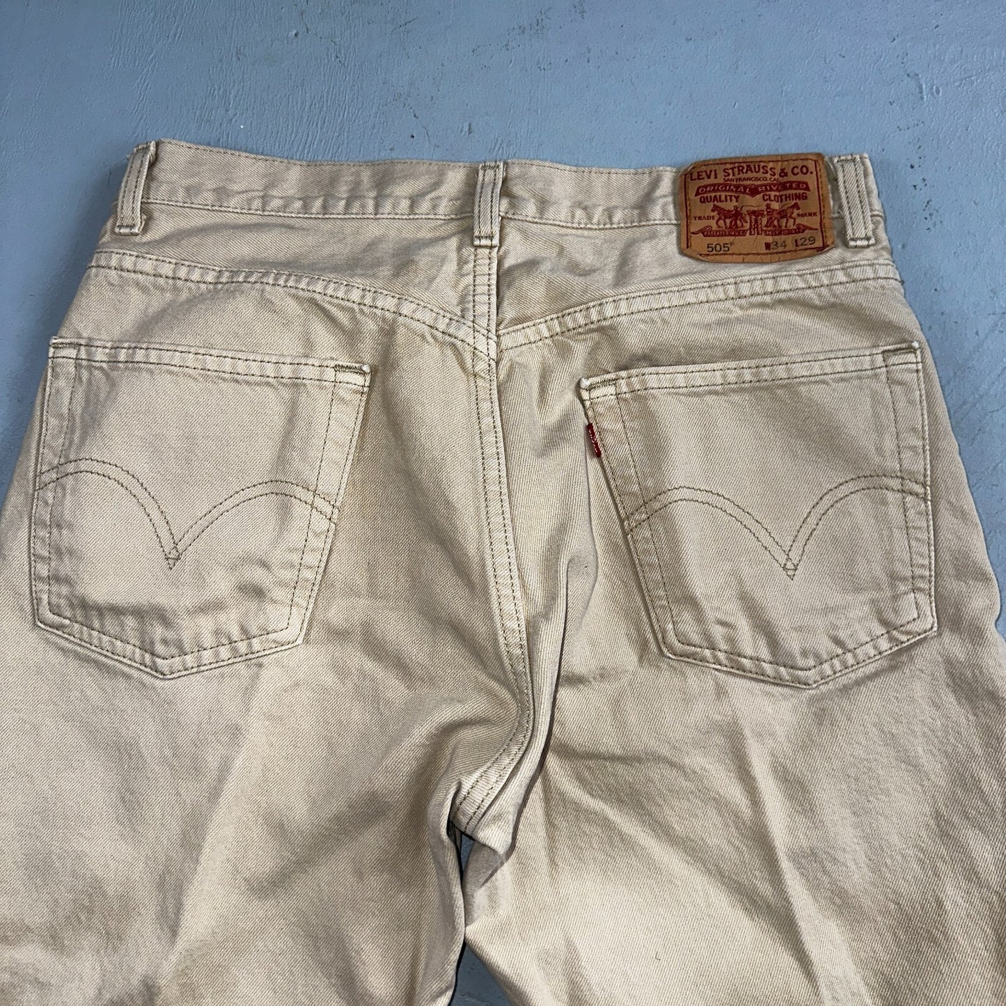 Levis 505 Vintage Y2K Jeans Beige Stained Zipper Fly Straight 34x29 Act 32x28