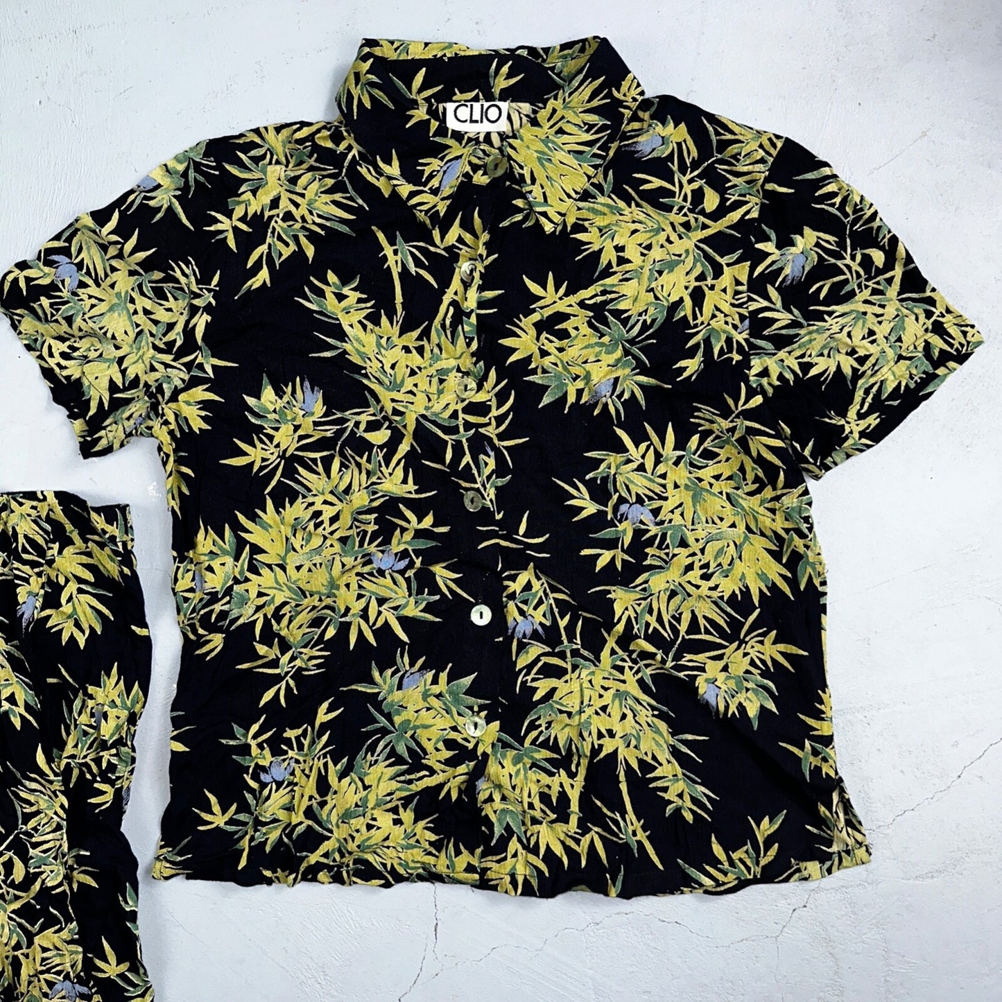 Clio VTG 2 Piece Set Blouse Shirt Pants Rayon Hawaiian Floral Boho Chic 1980s