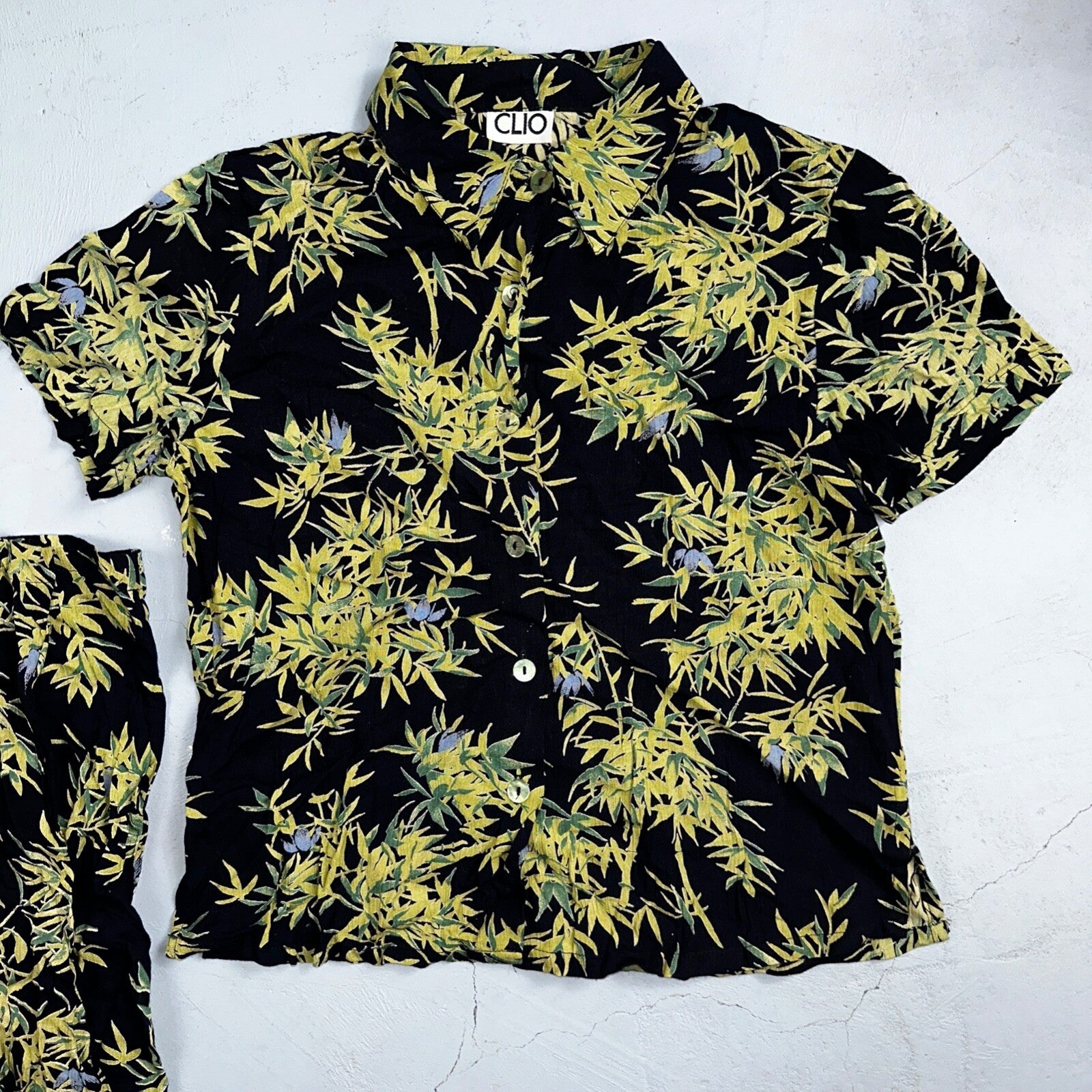 Clio VTG 2 Piece Set Blouse Shirt Pants Rayon Hawaiian Floral Boho Chic 1980s