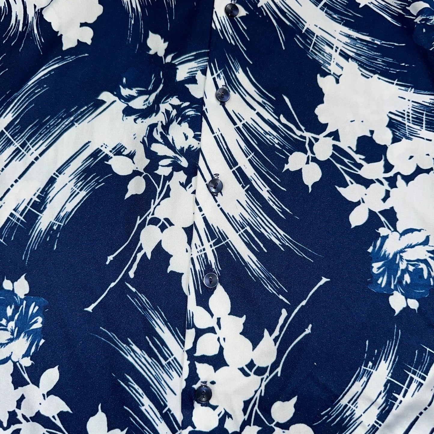 1970s Hawaiian Long Sleeve Floral Waves Button Down Shirt Medium 70s Rockabilly