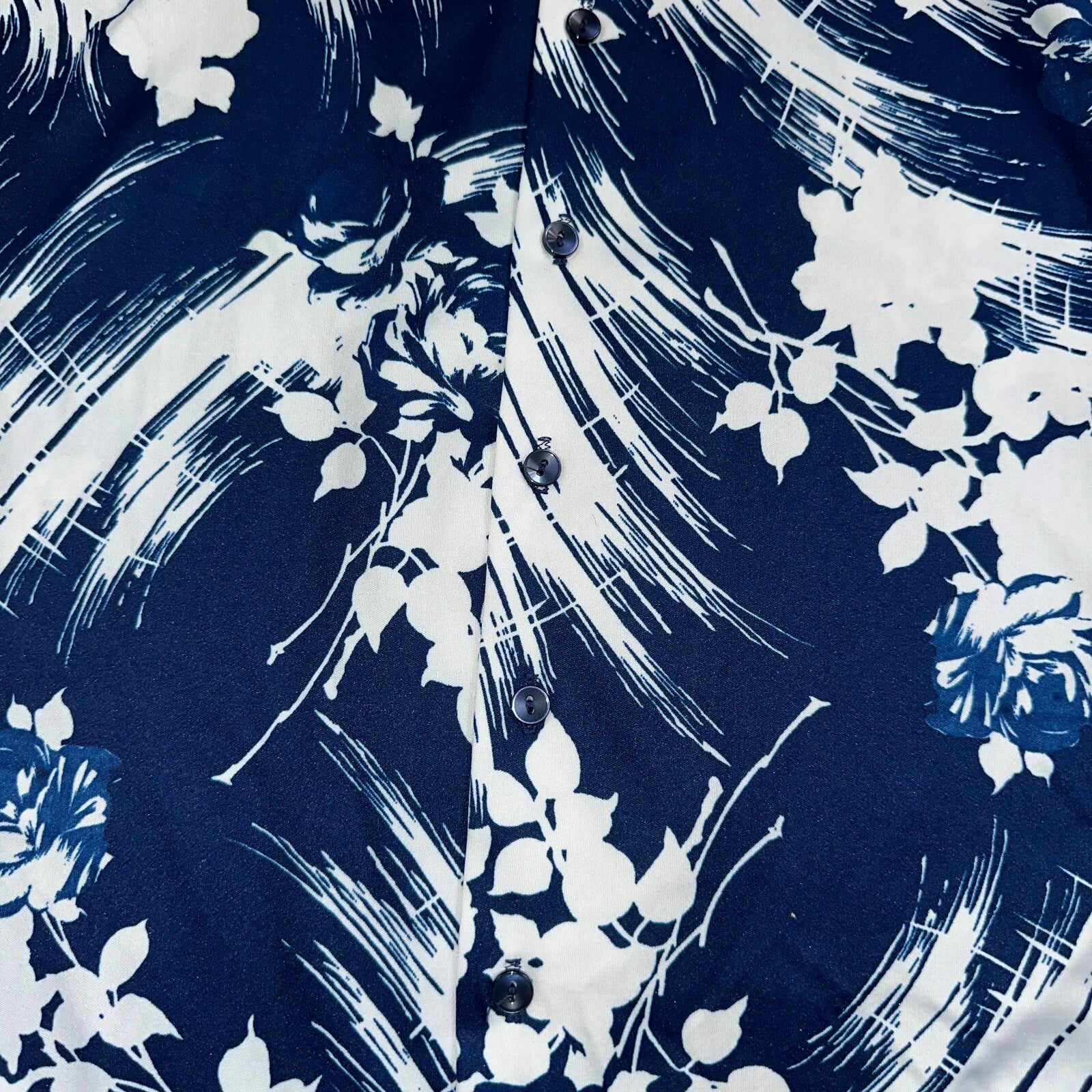 1970s Hawaiian Long Sleeve Floral Waves Button Down Shirt Medium 70s Rockabilly