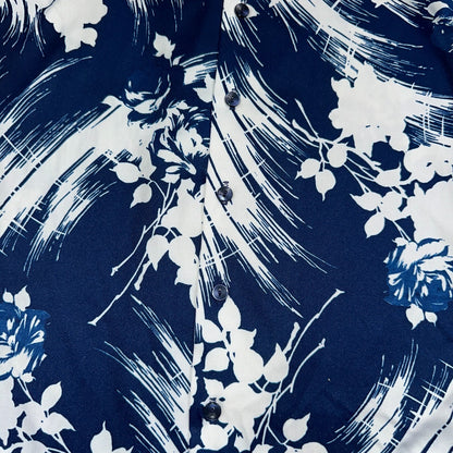 1970s Hawaiian Long Sleeve Floral Waves Button Down Shirt Medium 70s Rockabilly
