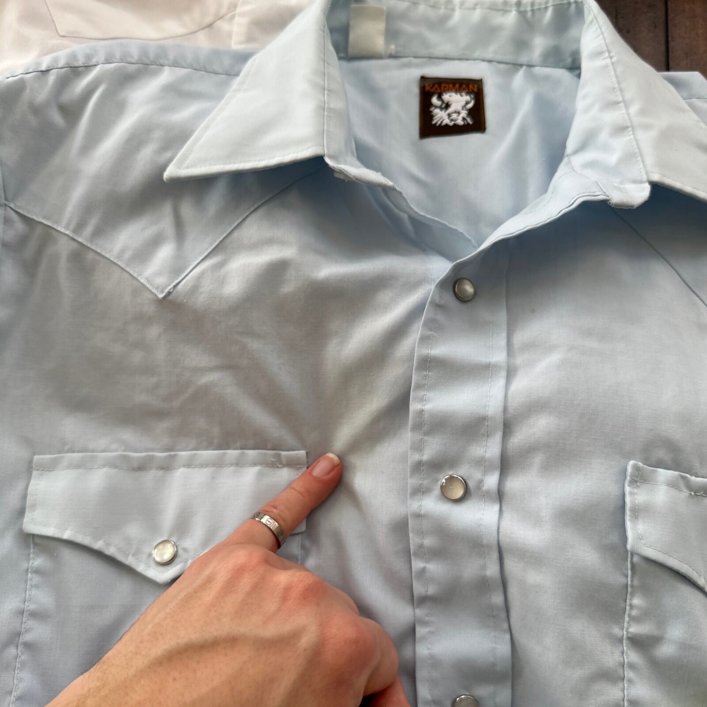 VTG 80s Karman Plain Shirt Mens Lot of 2 Tail Pearl Snap Button Up Poly Stained