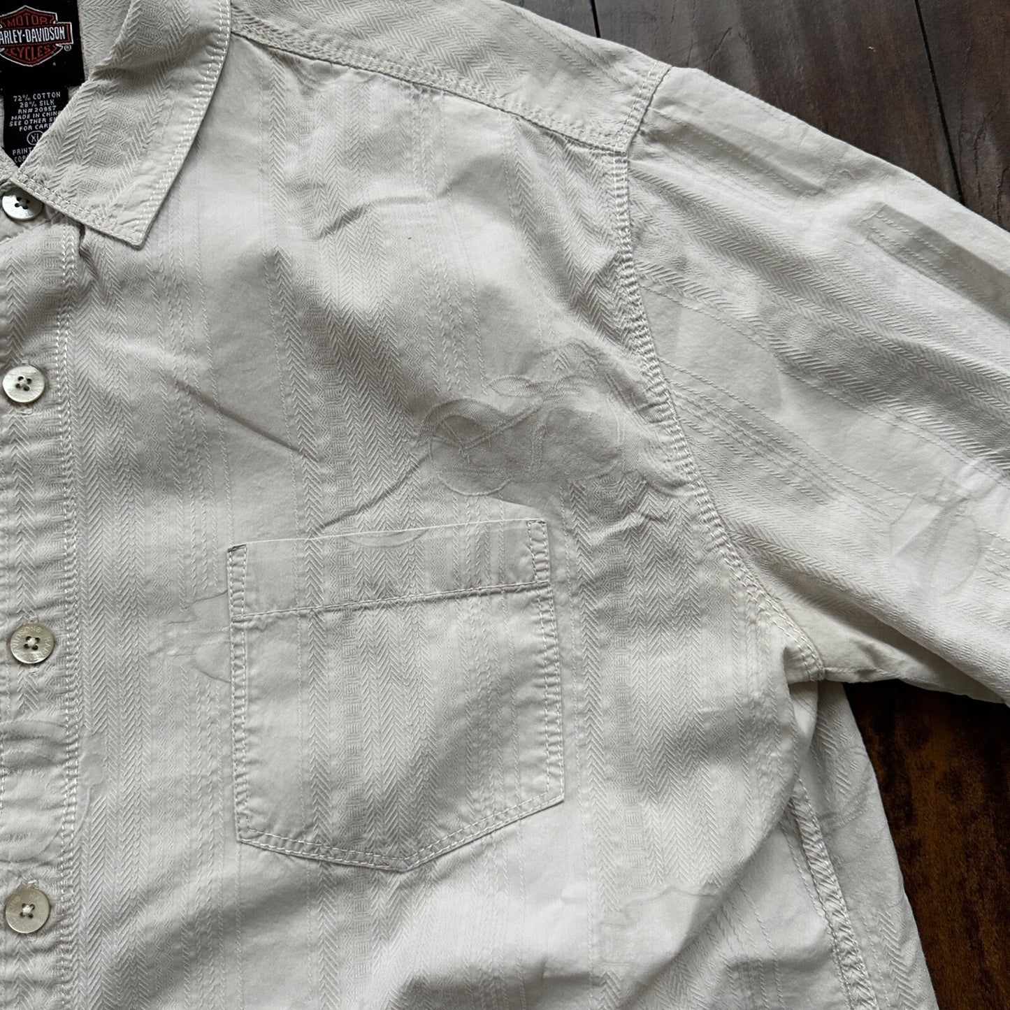 Harley Davidson Shirt Button Up XL Short Sleeve VTG Motorcycle White Silk