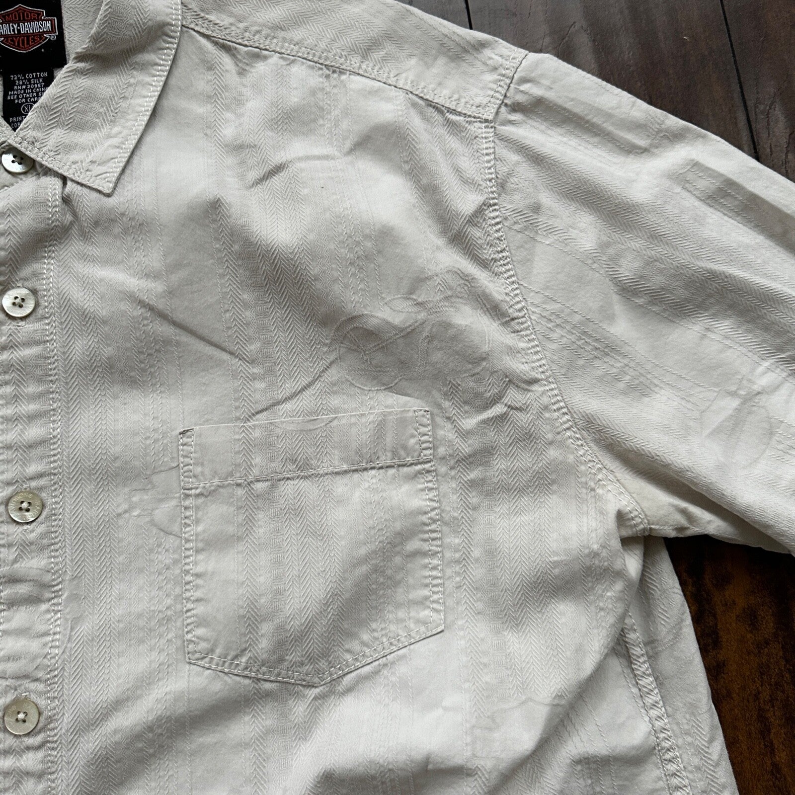 Harley Davidson Shirt Button Up XL Short Sleeve VTG Motorcycle White Silk