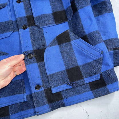 Filson CC Wool Mackinaw Cruiser Jacket Blue Plaid L Distressed VTG USA