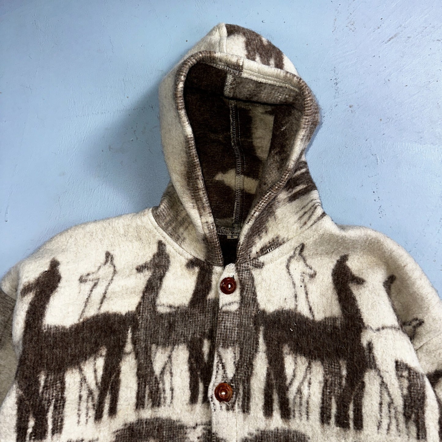 1970s Wool Lama Bird Coat Mens Jacket Size L Sweater Button Up 70s Rockabilly