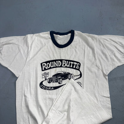 Round Butte Oregon 1970s VTG T Shirt 1978 Rockabilly Ringer Cars Hot Rod PDX Art